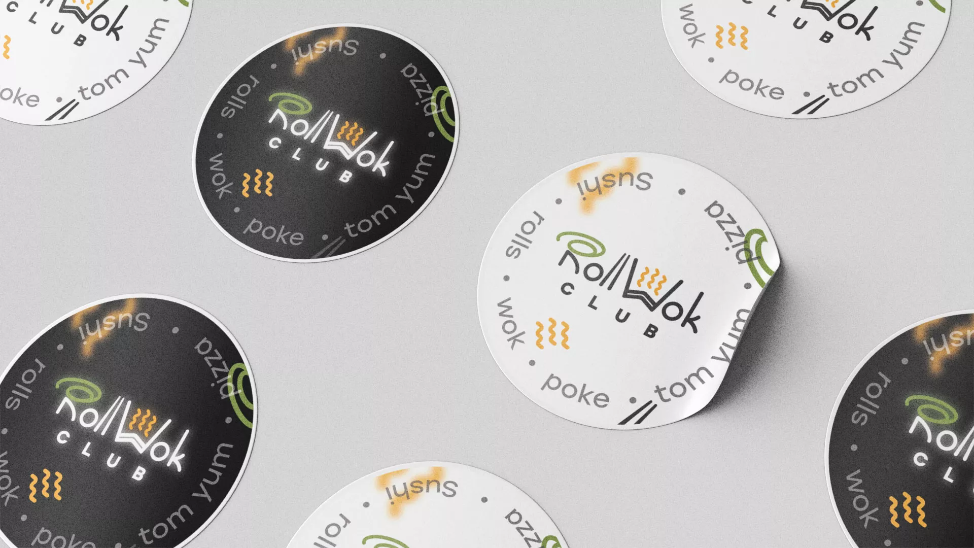 Разработка дизайна наклеек для суши-бара «Roll Wok Club» в Донском